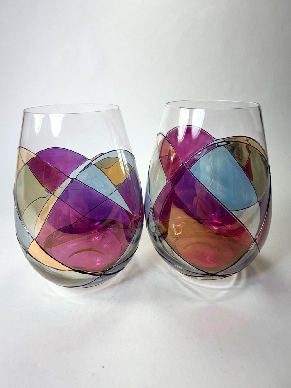 2 Cornet Barcelona Sagrada Stemless Wine Glasses Gold Blue Purple